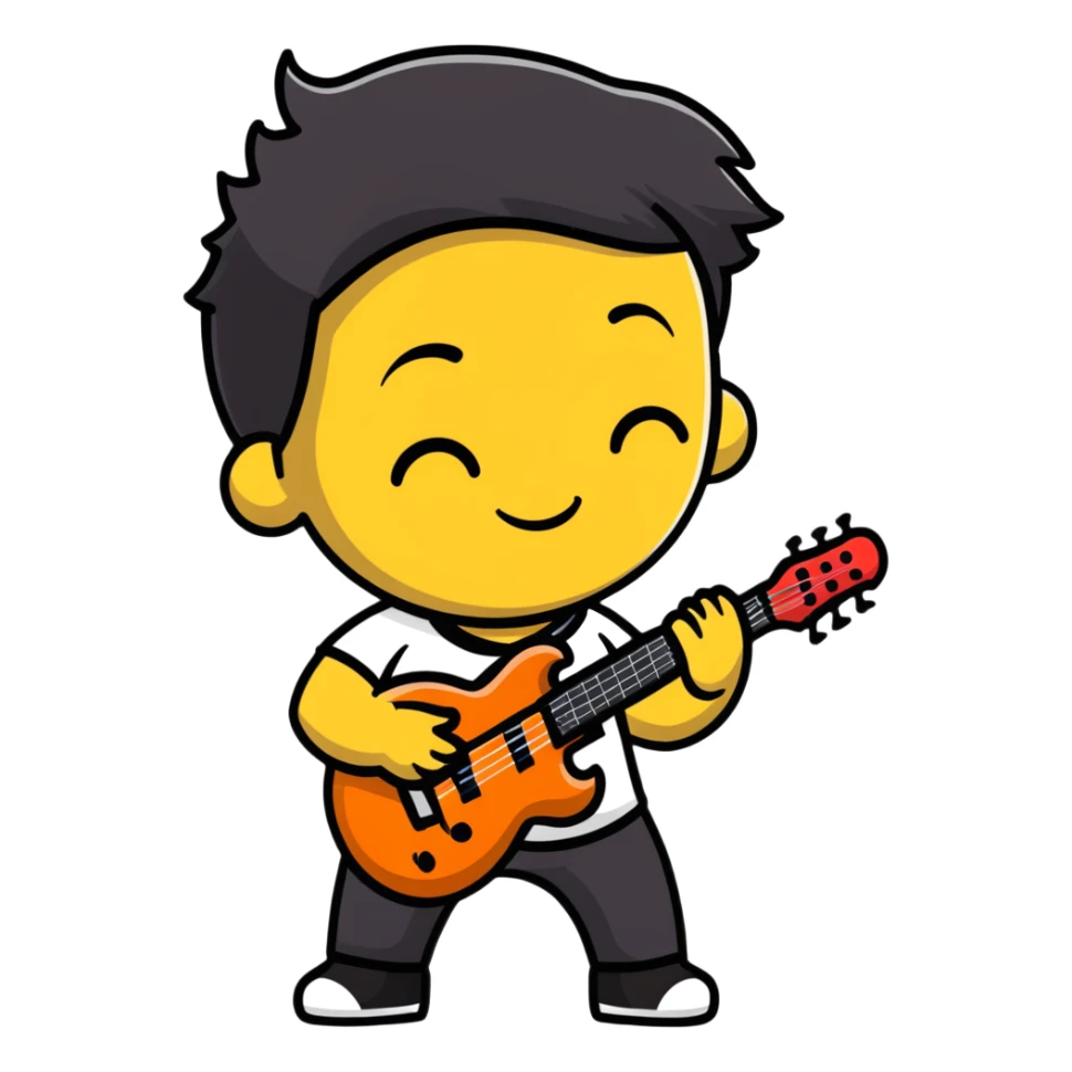 Musician's head and shoulders only, confident facial expression with half-closed eyes, subtle knowing smile, rockstar appearance, contemplating future success, no instruments sticker