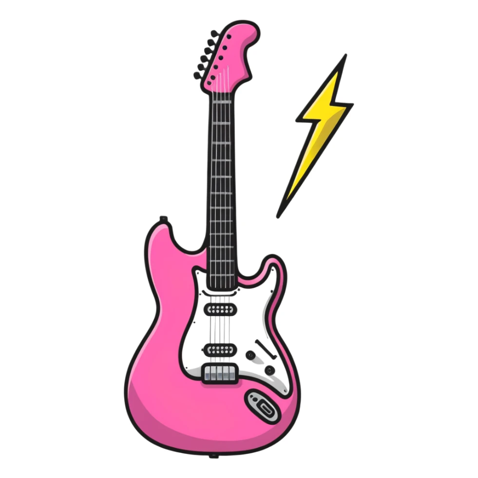 Pink electric guitar lightning bolt, rock and roll symbol sticker