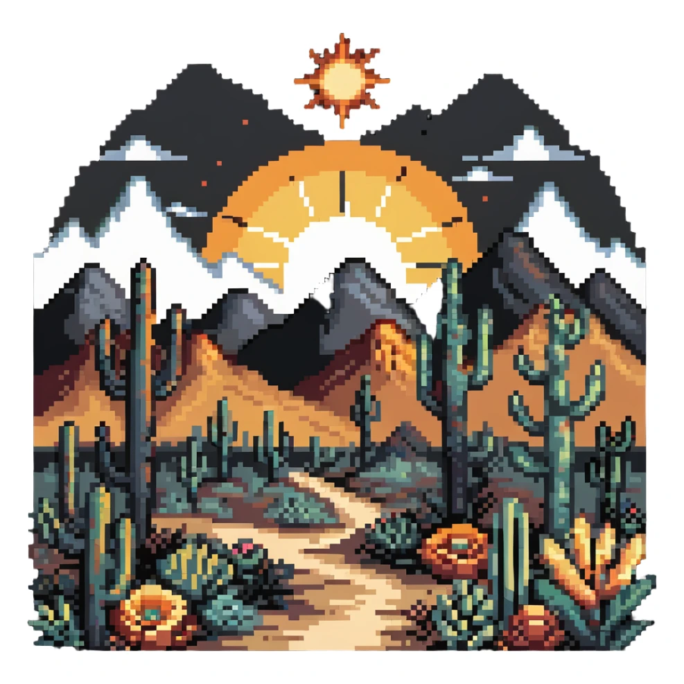 boho-inspired landscape painting with mountains, sun, and desert plants sticker