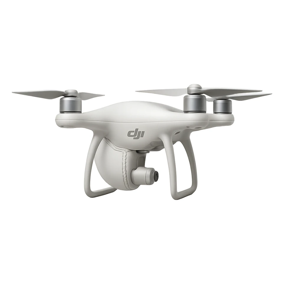 Redesign the cricket ball to be white and transform it to look like a realistic DJI drone with DJI-style propellors and body, side view. Remove the background completely, isolating the drone design. sticker