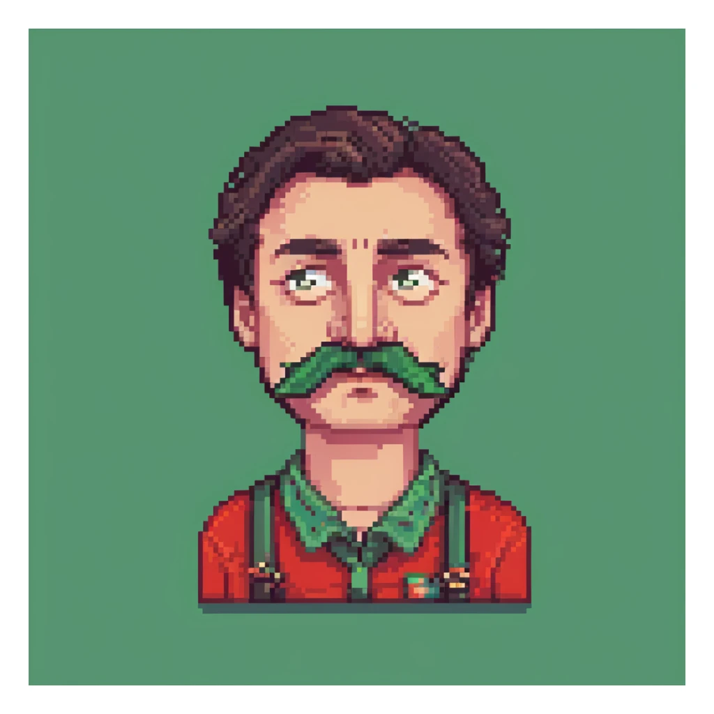 Recep İvedik, exaggerated facial features, thick eyebrows, mustache, red shirt, comedic expression, retro game vibe, pixel art sticker
