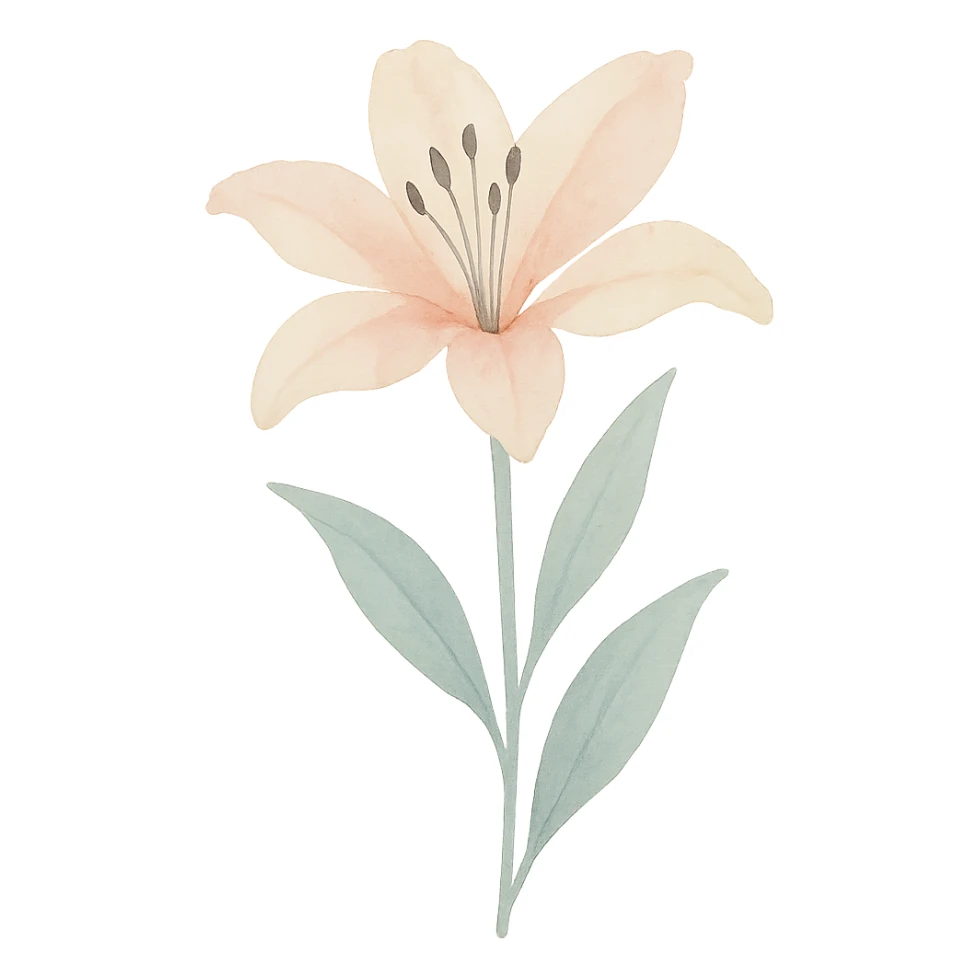 lily with stem and leaves, luminous colors, gentle blending, realistic botanical illustration sticker