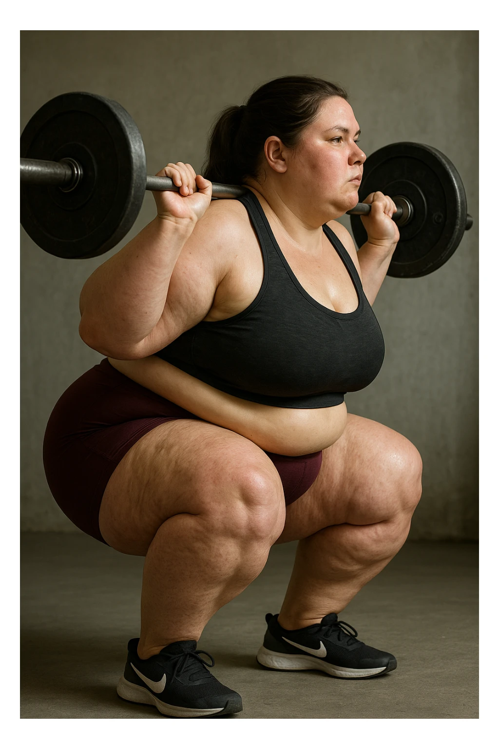 donna grassa con lipedema alle gambe che fa uno squat di profilo con bilanciere, IPERREALISTICA 4K sticker