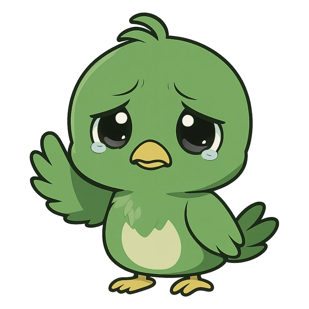 green chibi anime bird waving goodbye, sad expression, chibi style, anime style, cute character, waving hand sticker