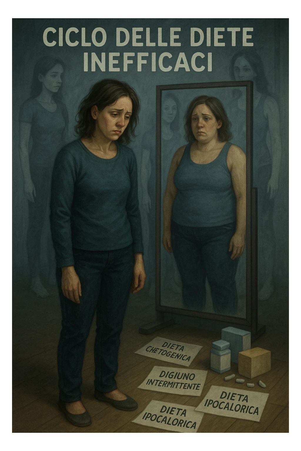 Donna tra i 30 e i 40 anni, in piedi davanti a uno specchio, con espressione delusa e stanca. Accanto a lei, sul pavimento, scatole di integratori, foglietti con scritte tipo 'Dieta chetogenica', 'Digiuno intermittente', 'Dieta ipocalorica'. Riflesso nello specchio mostra una versione di sé con peso aumentato, come se fosse tornata indietro nel tempo. Attorno a lei, immagini sbiadite o sovrapposte di sé in passato, quando era dimagrita. Atmosfera emotiva, simbolica, con luce fredda e sfumature di frustrazione. Messaggio visivo forte: 'ciclo delle diete inefficaci' in italiano sticker