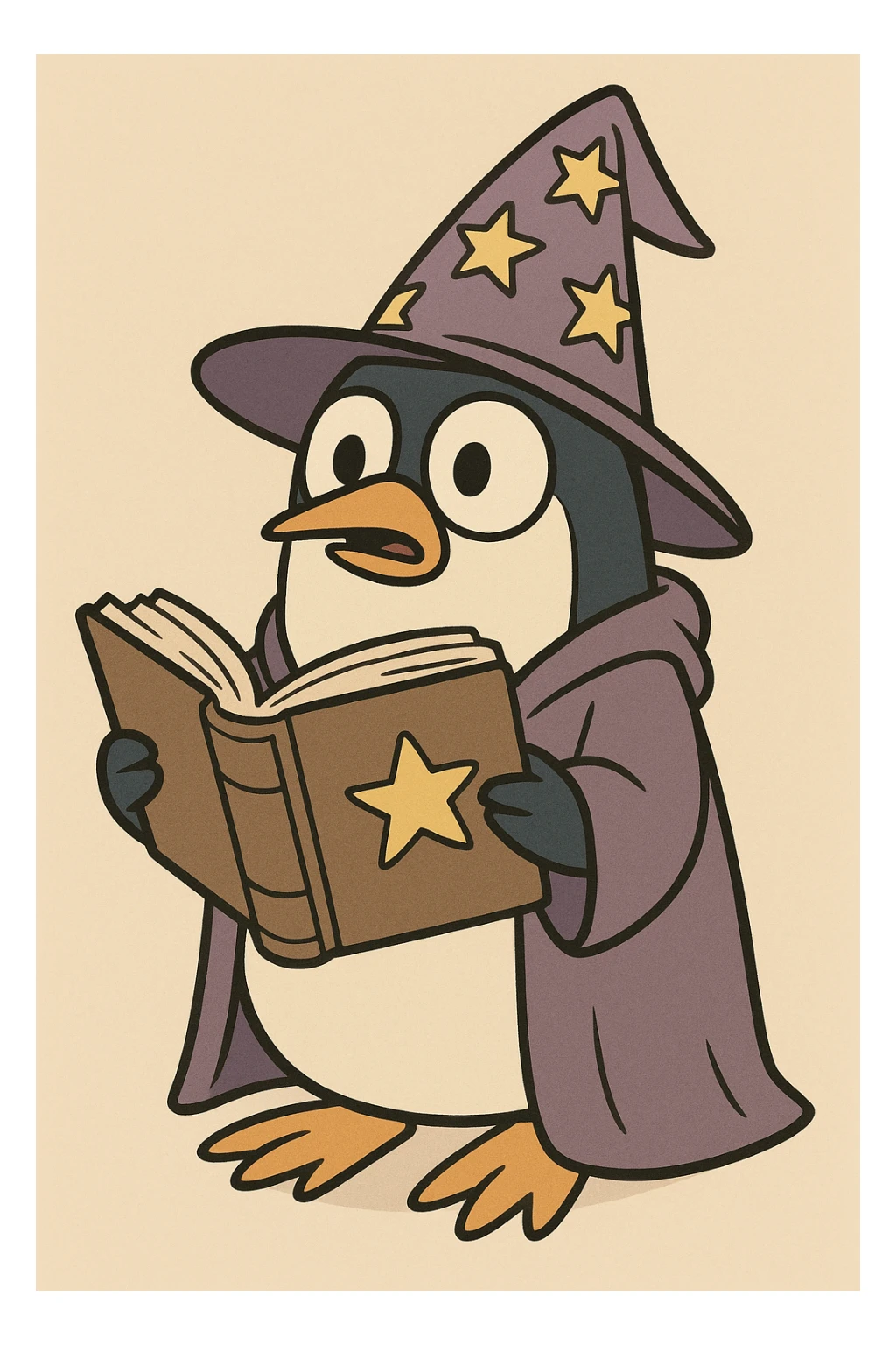 penguin wizard holding a spellbook, wearing a starry hat, cartoon style sticker