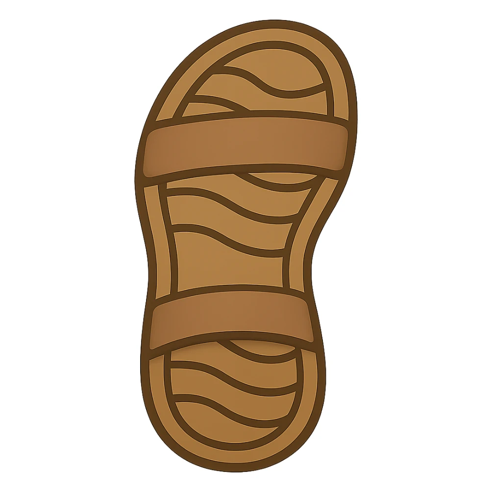 Create an emoji style sandal sole with minimal detail, matching the reference image, with two straps visible from the bottom. The style should reflect the look of apple style emojis with simple and clean design. sticker