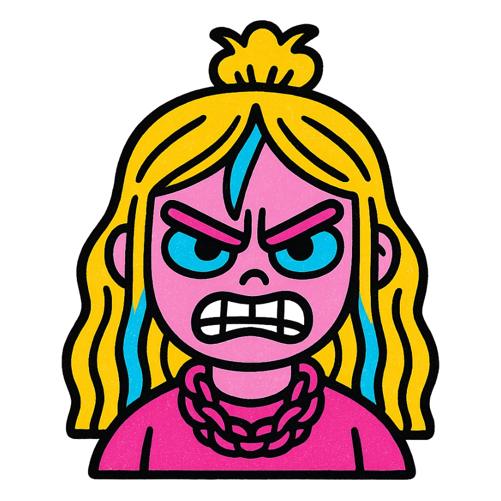 angry Billie Eilish, expressive face, iconic hair, stylized portrait, bold vibrant colors, pop art style sticker