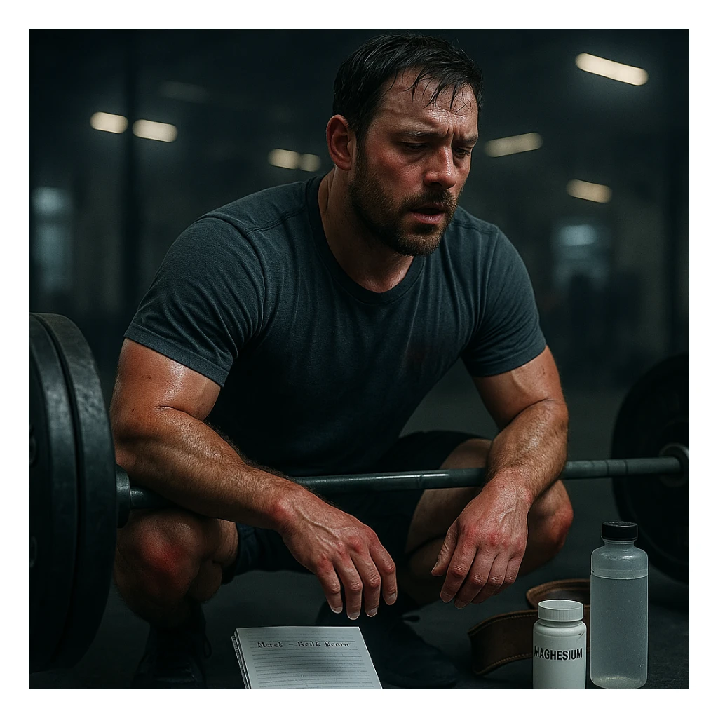 Inspired by the provided image, depict an athletic early 30s man performing a heavy deadlift, sweat, hands with chalk, diary nearby, dark circles and redness on joints. On the floor: water bottle, magnesium, belt. Background: blurred gym with cold lighting. Cinematic realism. sticker