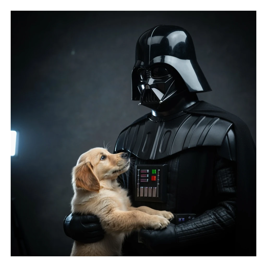Photo of a darth vader holding puppy golden retriver, low key light sticker