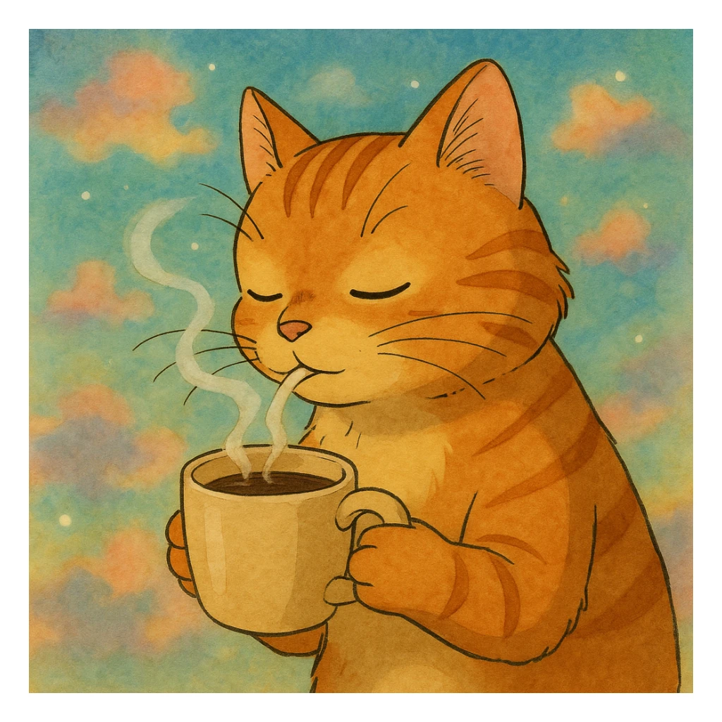 ghibli style ginger cat sipping coffee, dreamy background sticker