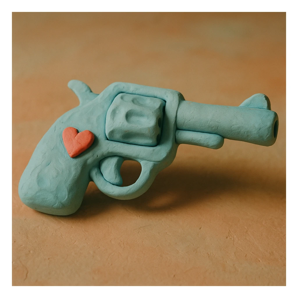 blue heart pistol, claymation style, soft pastel colors, visible fingerprints sticker