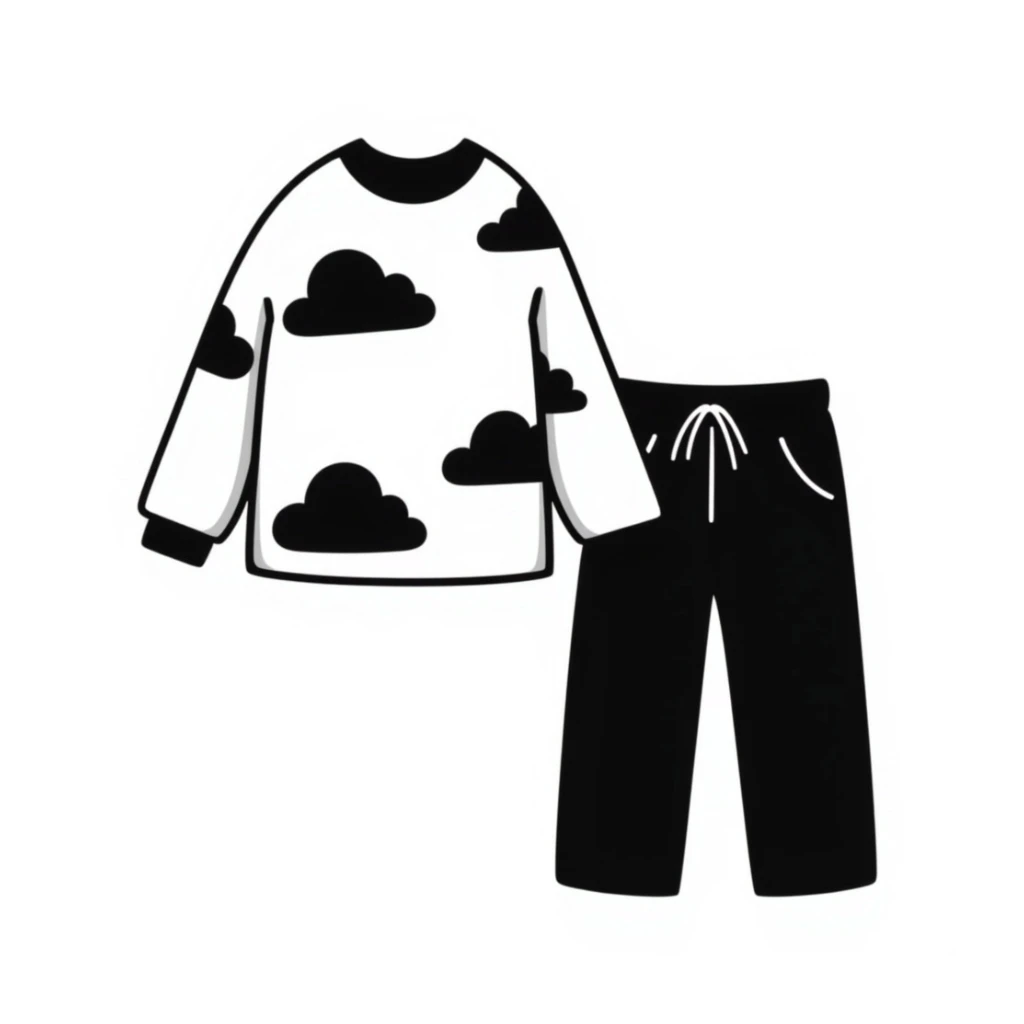 A cozy pajama set, black and white, hand drawn sticker