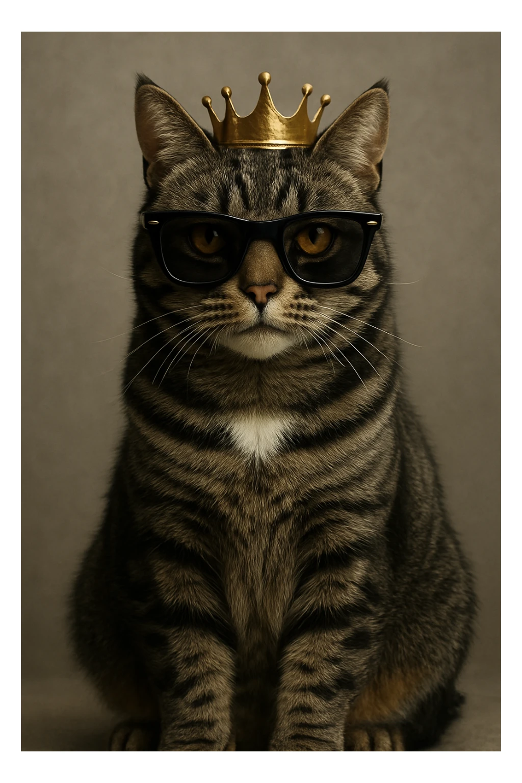lifelike, photo-realistic Mackerel tabby cat with dark grey fur, black stripes, amber eyes, and a white patch on its chest. The cat is sitting, facing slightly forward, wearing a small golden crown and black sunglasses. Highly detailed and realistic. sticker