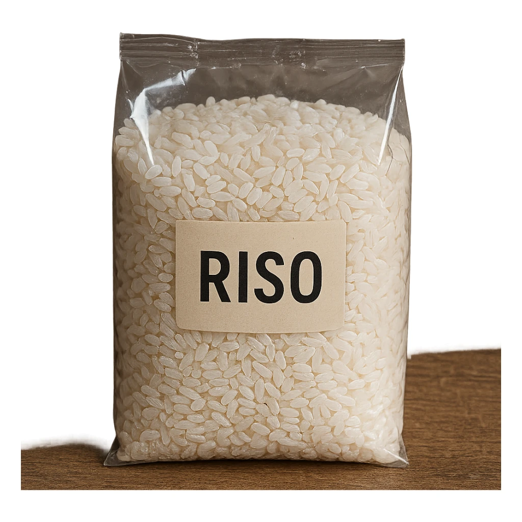 photo realistic transparent bag with rice grains, visible label with the word 'riso' in Italian on the image sticker
