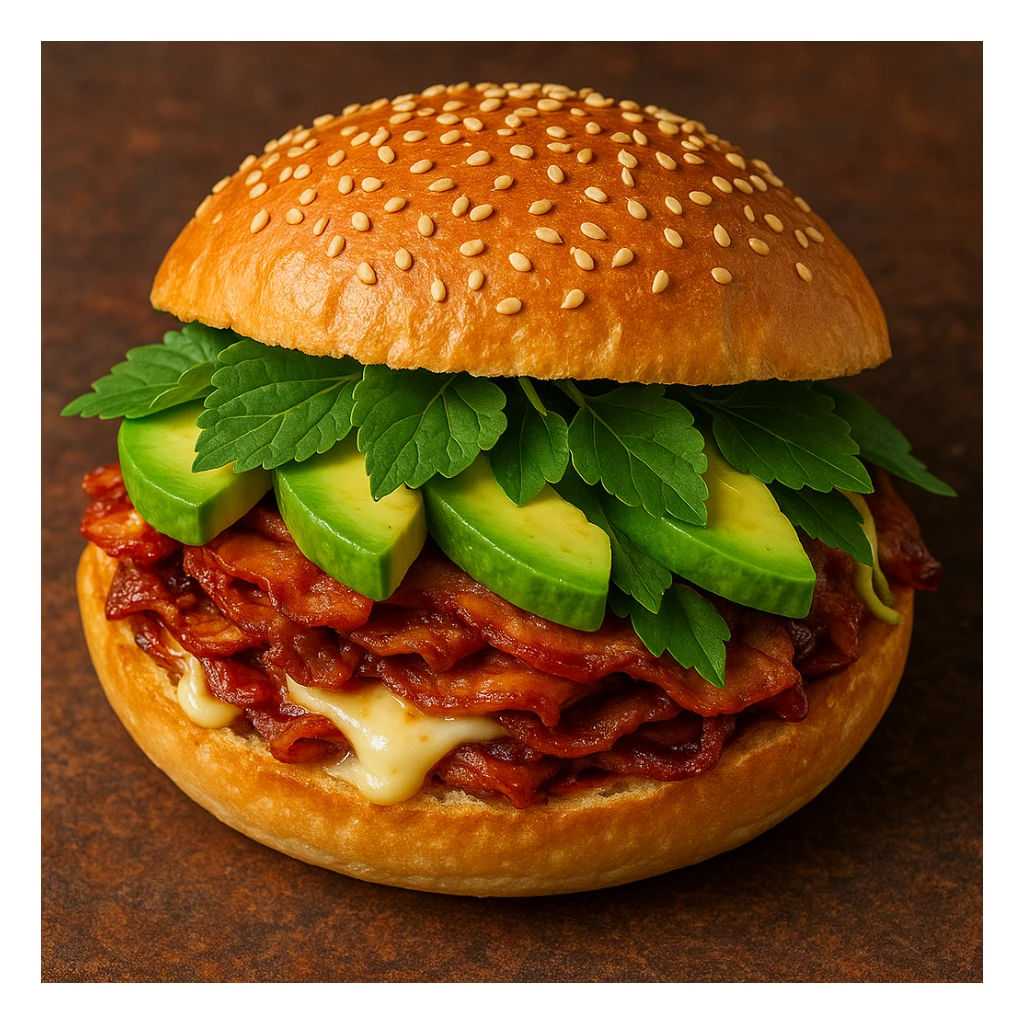 a cemita sandwich with visible layers of meat, cheese, avocado, and papalo sticker