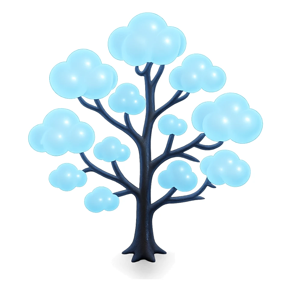 one tree with many branches, each branch covered with small, very bright white, saturated color, fluffy convex clouds, matte glass style, focus on volume and glowing effect of clouds, no background sticker