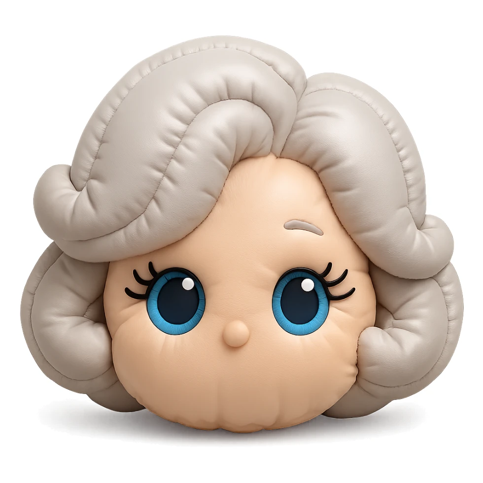 Add cute, plush-style eyelashes to the eyes, keep pure silver grey hair, blue eyes, 1940s bob hairstyle, no body, no mouth, no white border, transparent background in cushion style. sticker
