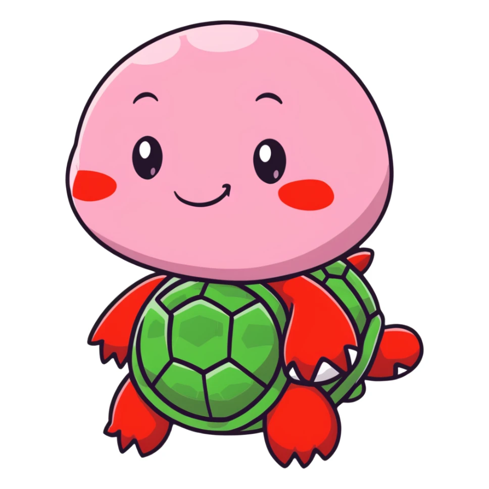 cute plushie turtle with light pink skin, round head, and red shell, smooth skin texture sticker