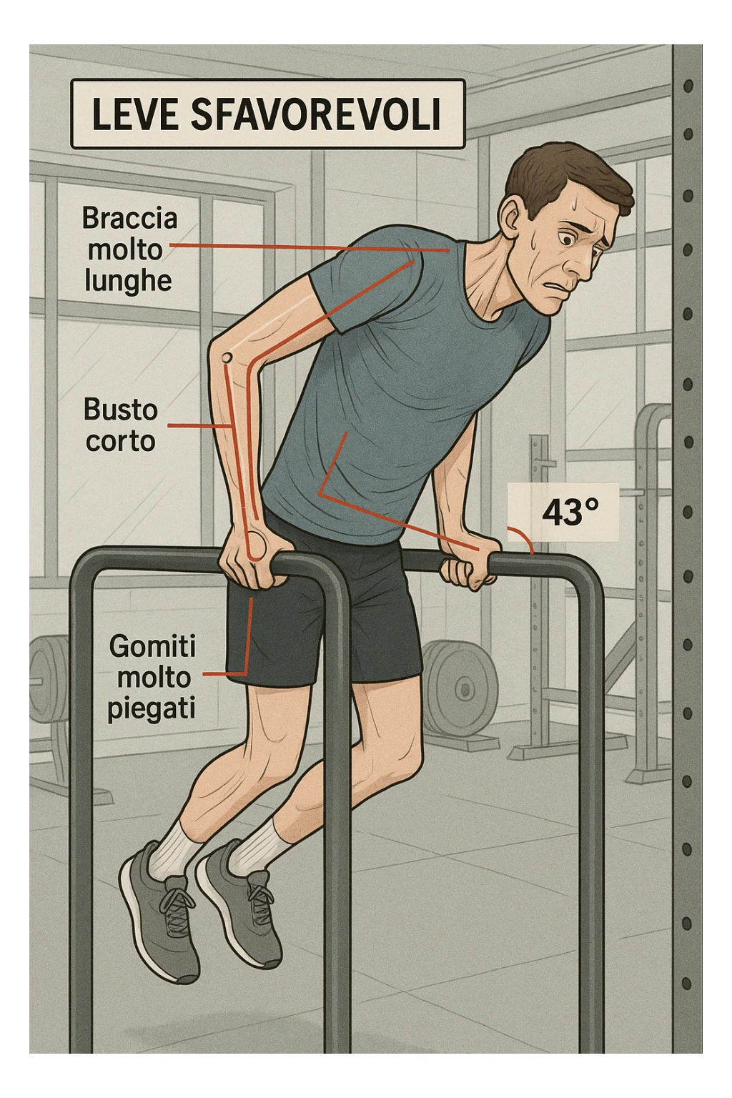 a tall, lean man with very long arms and a short torso attempts a dip on parallel bars. His elbows are deeply bent and his body appears awkwardly positioned, highlighting the mechanical disadvantage. An overlay shows anatomical lines and angles, with labels explaining “Leve Sfavorevoli” The background is a modern gym, with a focus on biomechanics. in italiano sticker