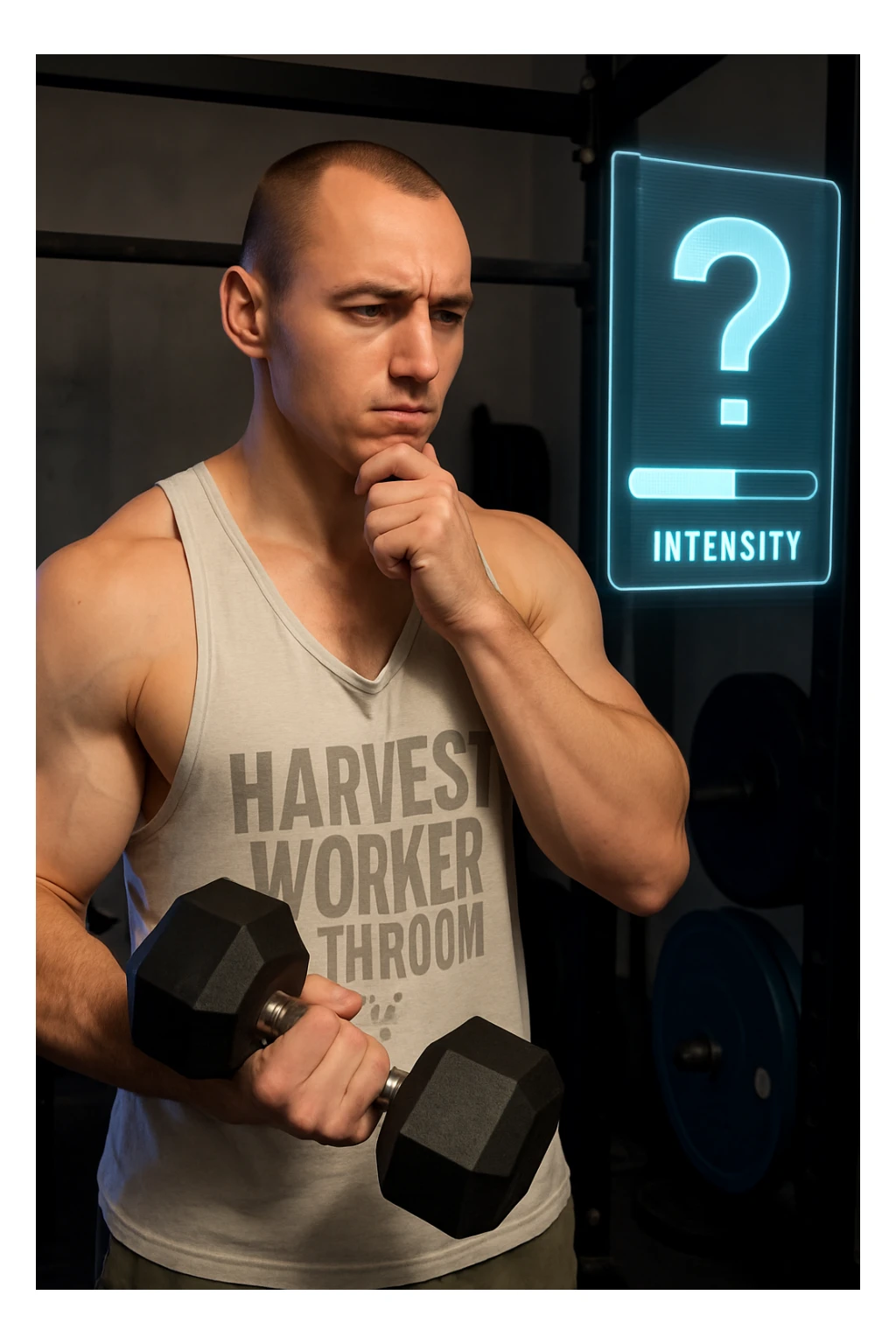 Realistic vertical image of a man in a gym, with face and physique identical to the reference photo, holding a dumbbell and looking at a digital display with an intensity bar halfway and a question mark. Thoughtful expression, realistic environment. sticker