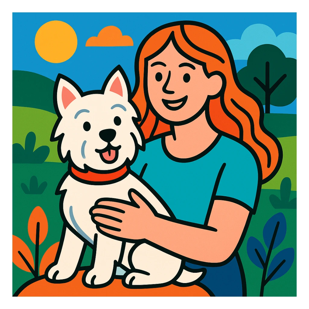 red headed woman with a Westie dog, vibrant and friendly scene sticker