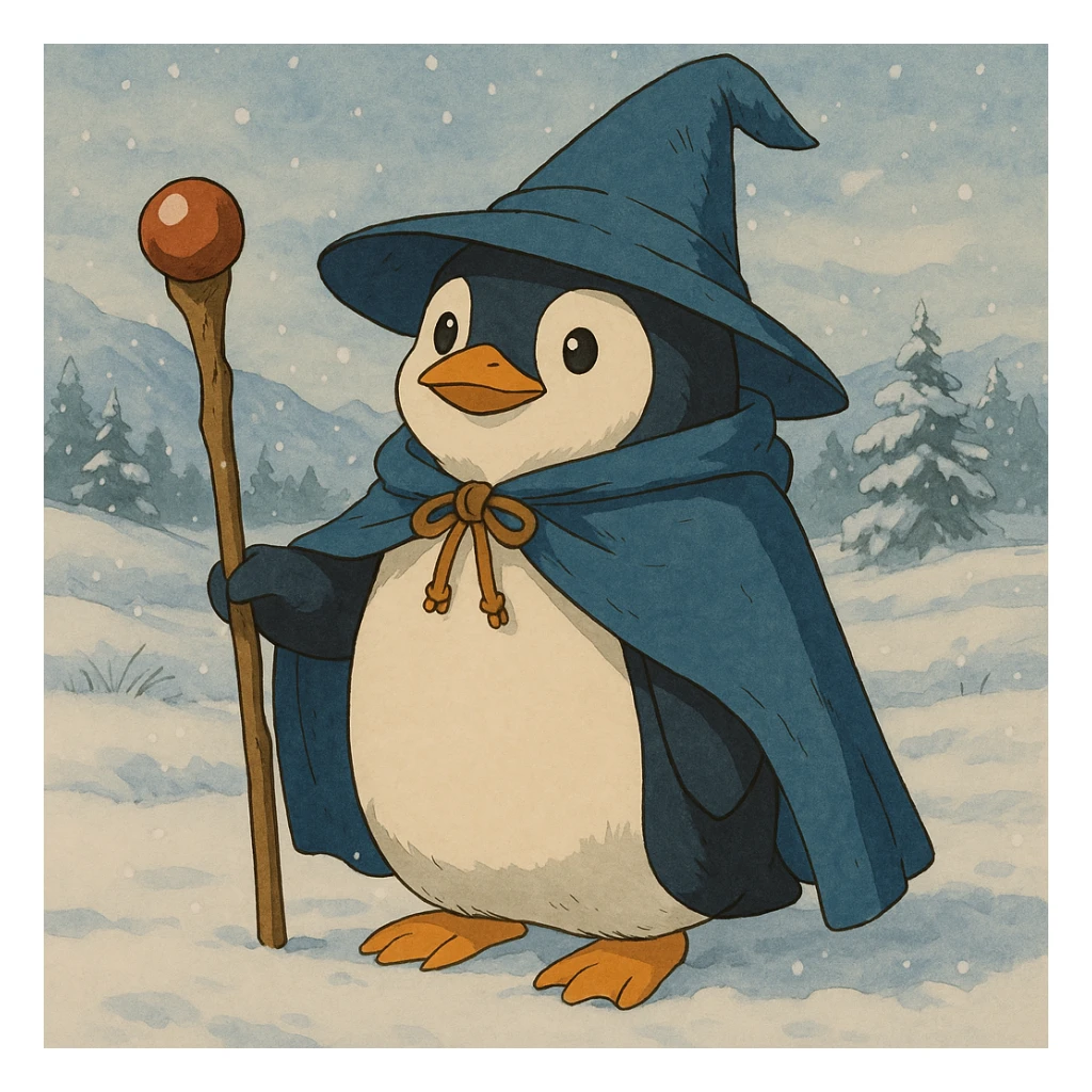 Add a snowy landscape background behind the penguin wizard, keep all original colours and lighting sticker