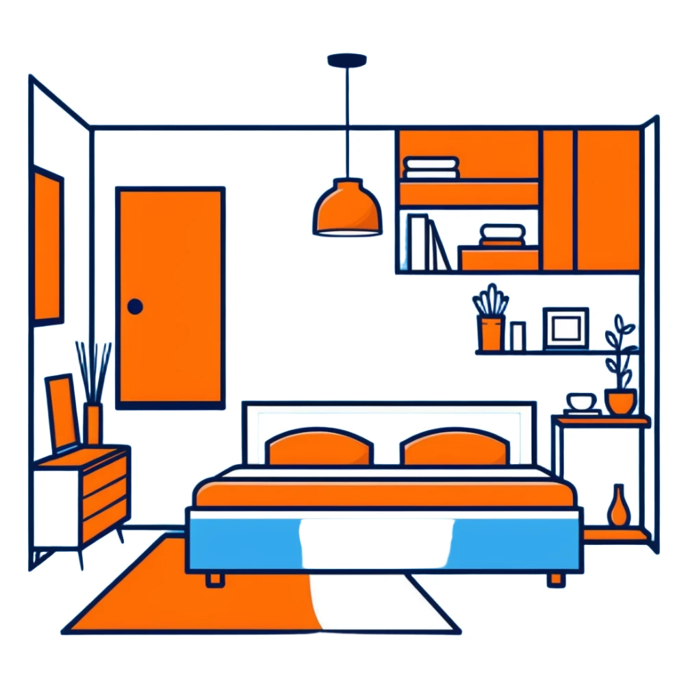 clean modern bedroom with blue walls and decor, contemporary design sticker