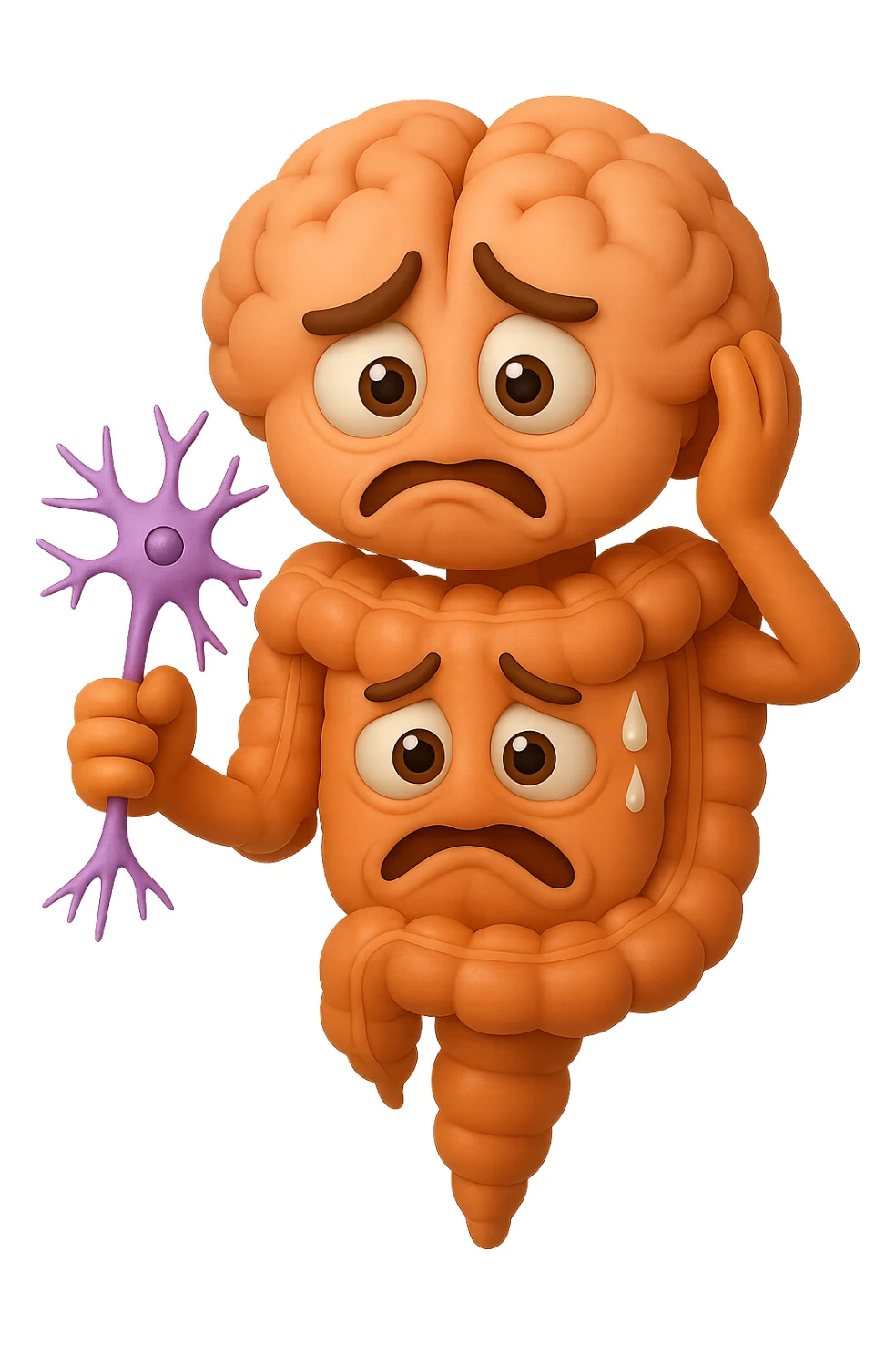 EMOJI STILE IPHONE DI UN INTESTINO collegato verticalmente ad un cervello mentre tiene in mano un neurone, espressione stressata, IPERREALISTICO 4K sticker