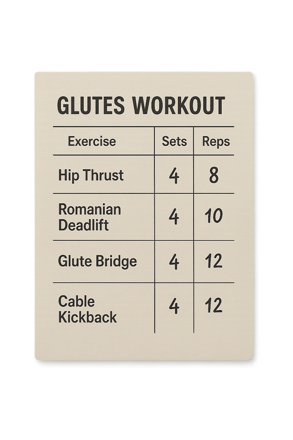 scheda di allenamento glutei con le reps scritte (tipo 4x8 ecc), iperrealistico 4k sticker
