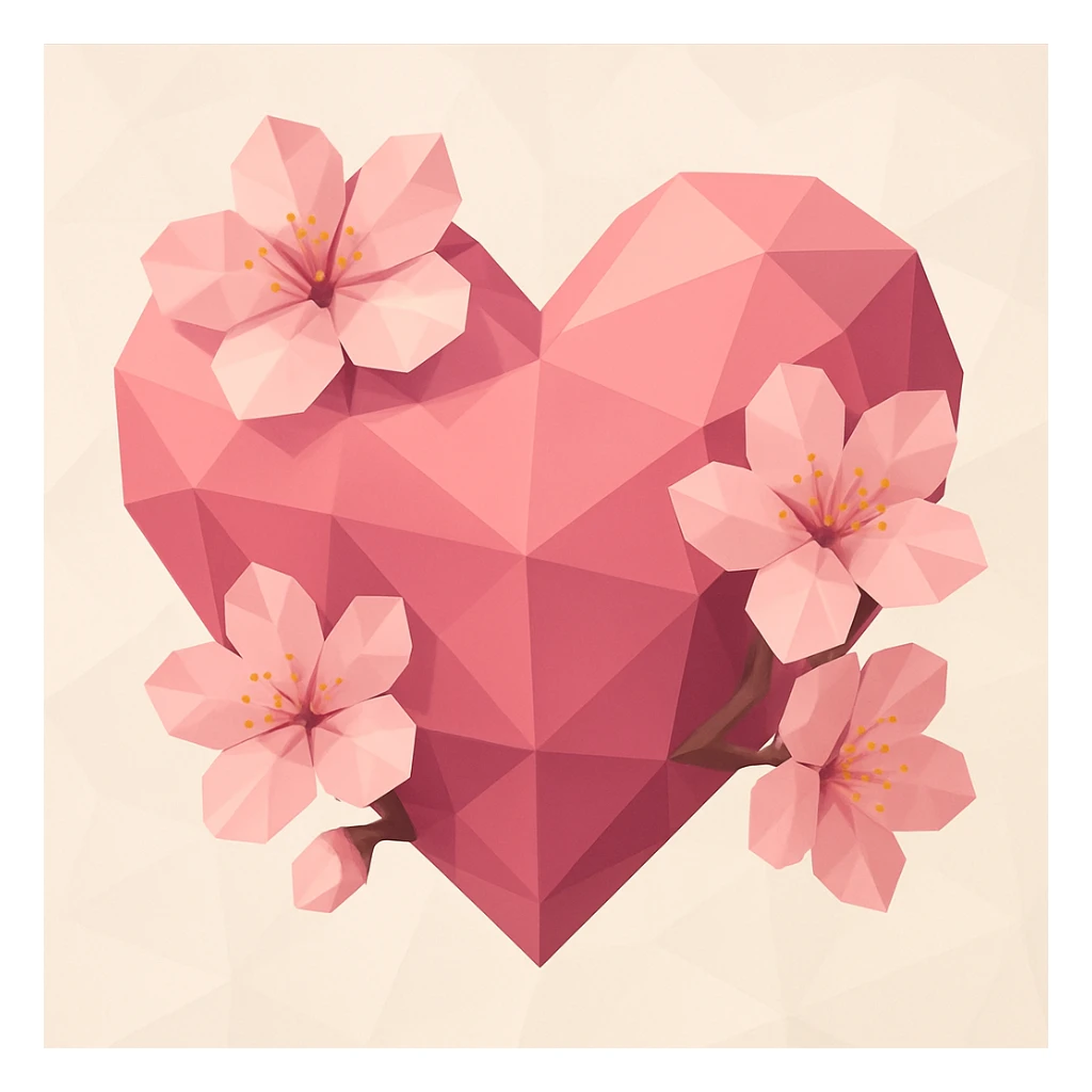 pink heart with sakura flowers, polygonal style sticker