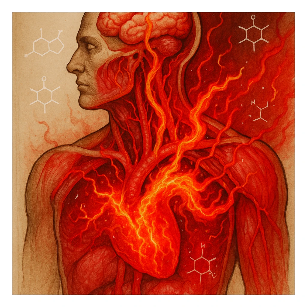 surreal anatomical section of a human body showing oxidized omega-6 fatty acids flowing through arteries like fire or acid, inflaming tissues; hexane molecules floating like chemical ghosts; strong exterior but visibly red and inflamed interior; medical illustration with bright red tones to highlight inflammation sticker