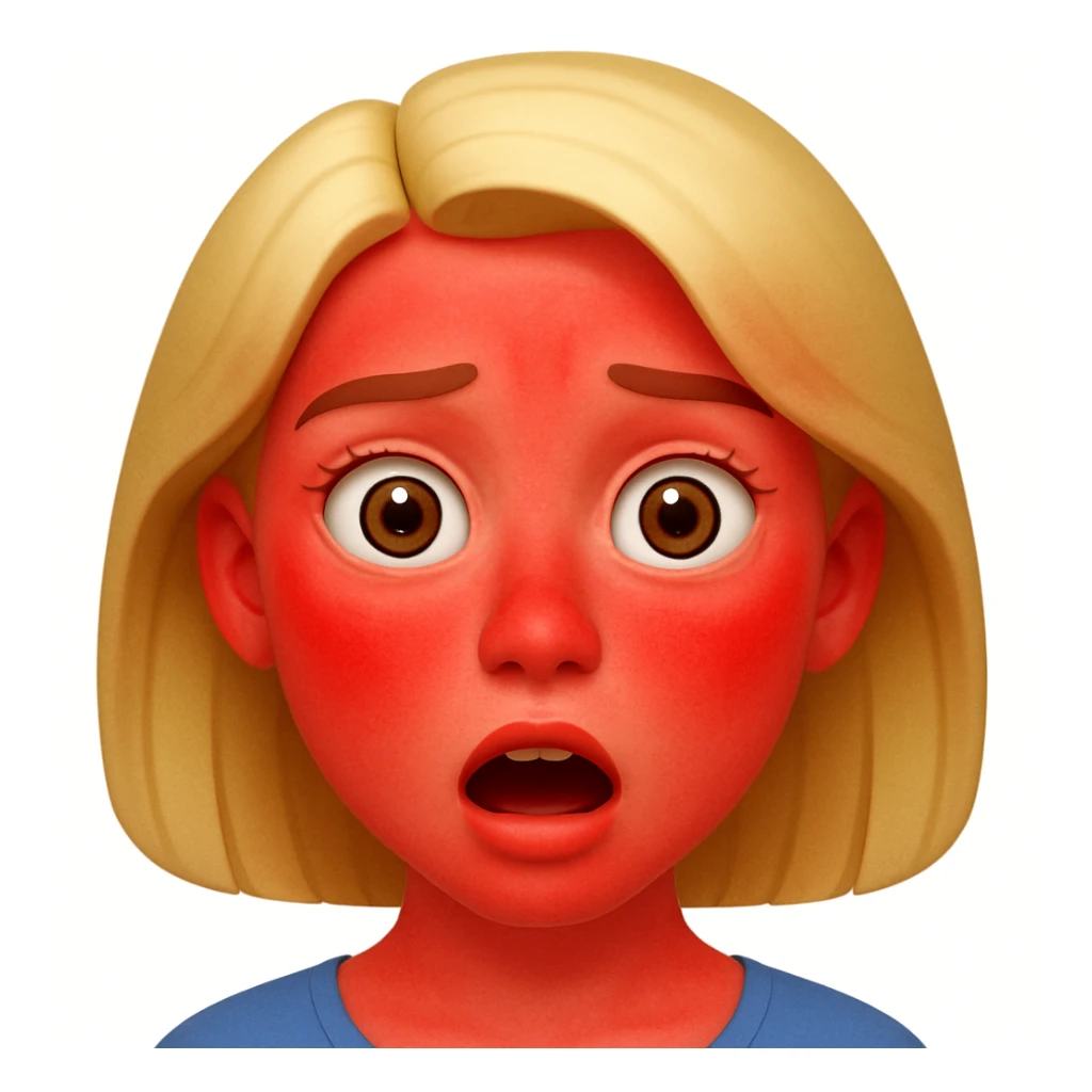 Make the face look sunburned with red cheeks, nose, and forehead, as if she got too much sun. Keep the style and expression the same as the original image. sticker