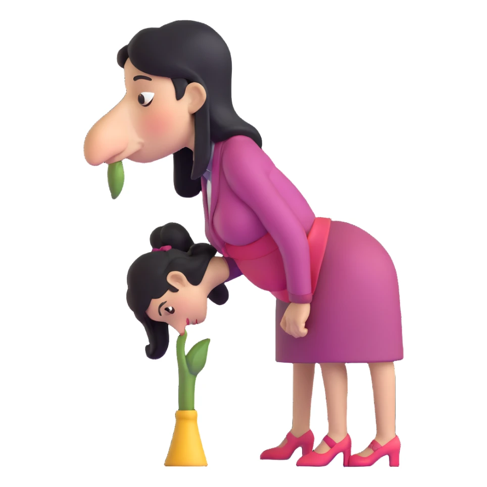 woman bowing on a giant nose sticker