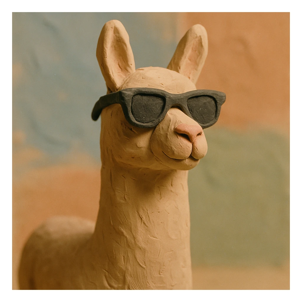 a llama with sunglasses, claymation style, matte plasticine, visible fingerprints, pastel colors sticker