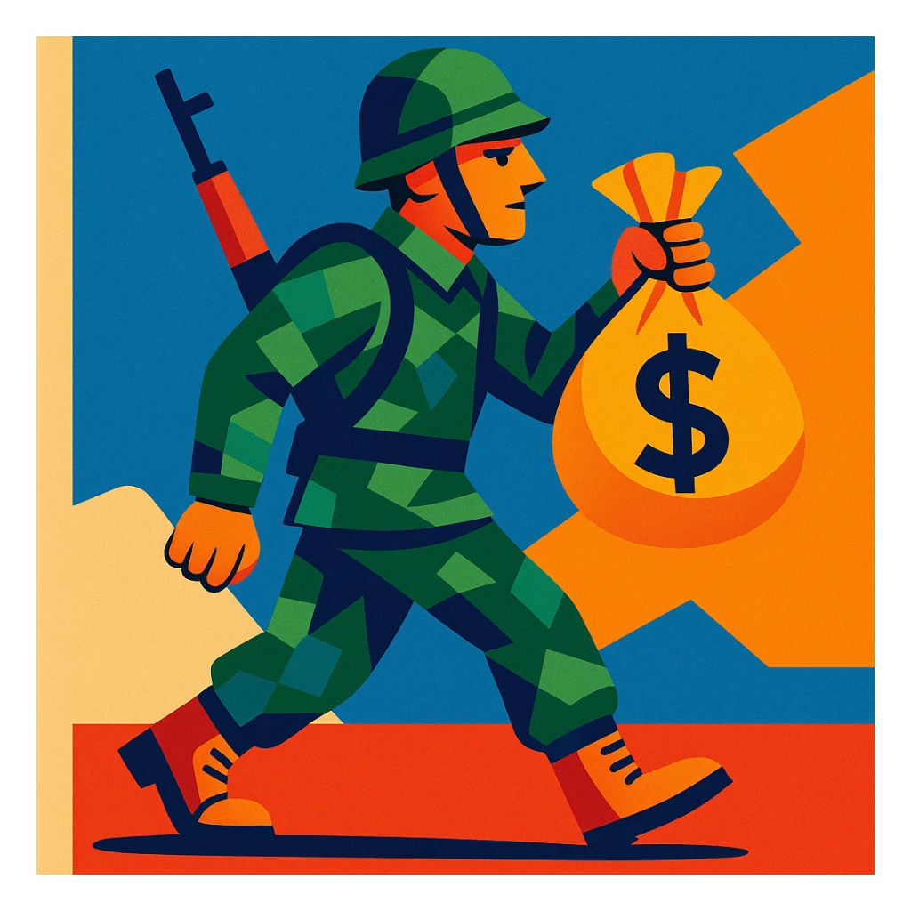 modern illustration of a soldier walking while holding a bag of money sticker