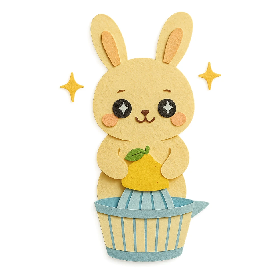 kawaii citrus juicer bunny squeezing a lemon, sparkling happy eyes, soft yellow, full-body sticker
