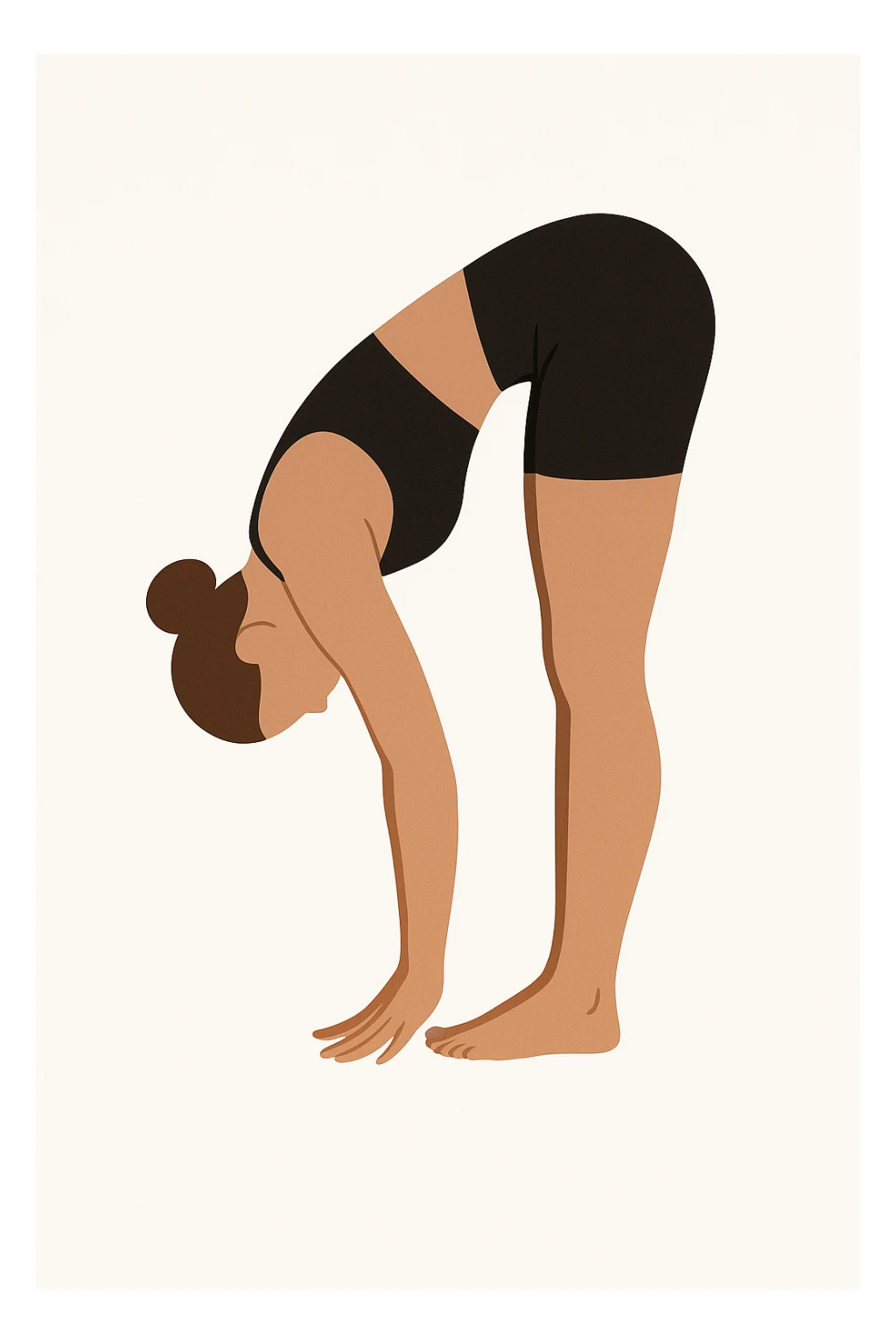 Minimalist flat vector illustration of a woman doing yoga in forward fold pose (Uttanasana), wearing sportswear (black top and black shorts), brown hair in a bun, clean white background, no face details, elegant style sticker