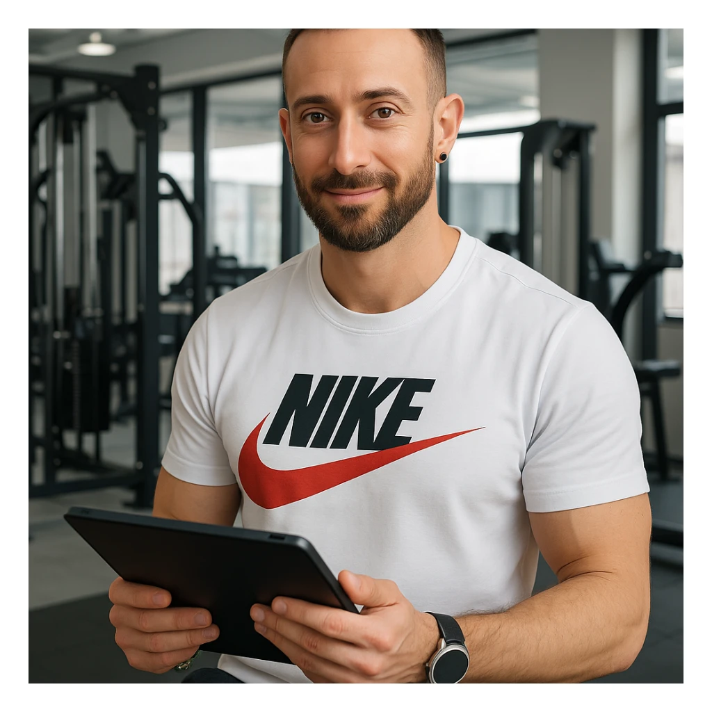 Create a realistic image of a personal trainer in a gym preparing personalized workout plans based on the client's needs, inspired by the person in the reference photo. Show the trainer holding a tablet or notebook in a professional and welcoming gym environment. sticker