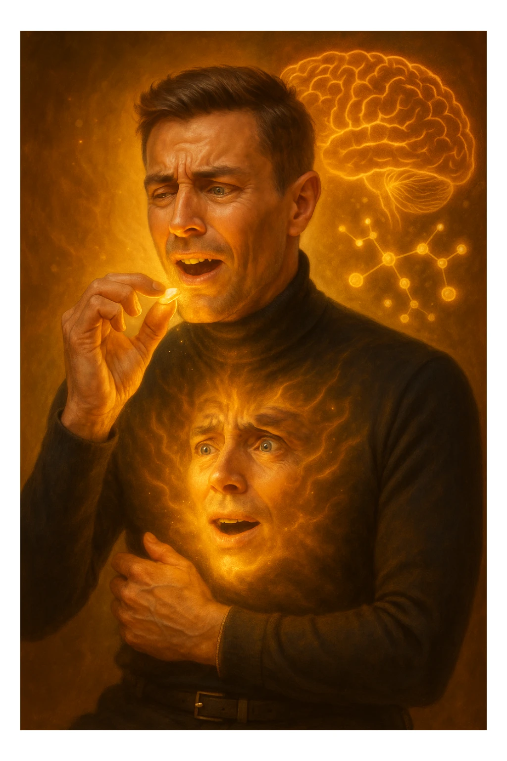 "Man taking simple sugar tablet believing it's powerful medicine, golden healing light emanating from pill as it dissolves, his chronic pain visibly dissolving as relief spreads across his face, expression transforming from suffering to amazement, brain chemistry changing through pure belief, microscopic view showing endorphins releasing purely from expectation, body healing itself through mind's conviction" sticker