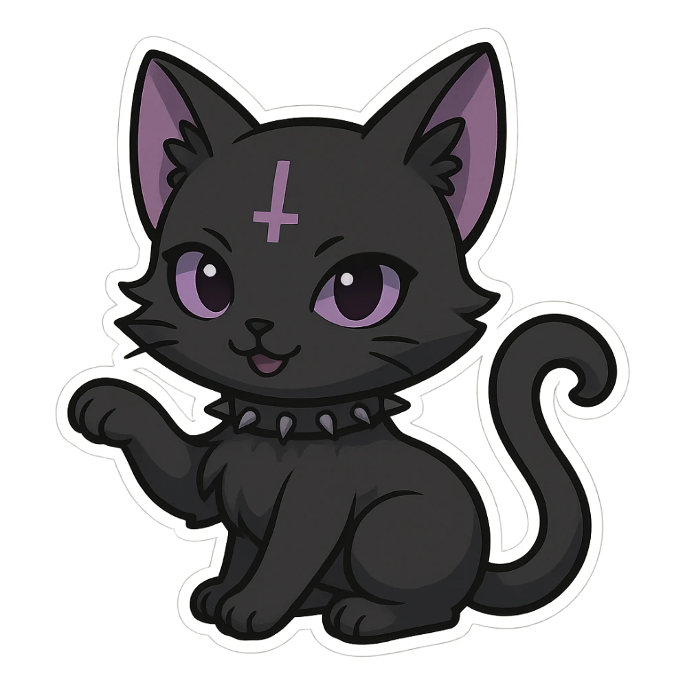 gothic chibi sticker, black and purple cat, adorable and playful, chibi style sticker