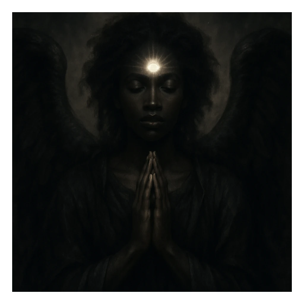 a black angel in a praying pose with a flashing third eye, dramatic and mystical style, ethereal atmosphere sticker