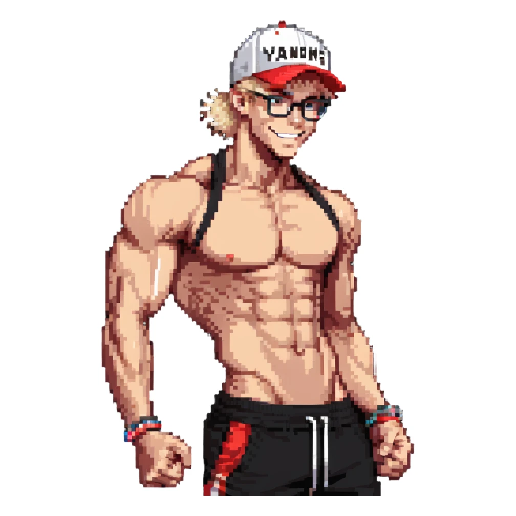 Skinny man with muscular definition, black and white cap with VANOMAS text, bare torso, red shorts, clear glasses, messy light blond hair, flexing muscles and smiling sticker