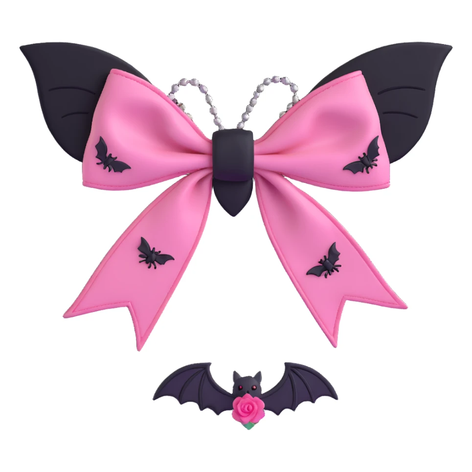 3D emoji style pink bow with gothic effect, dark rose embroidery, black velvet accents, and silver bat charm sticker