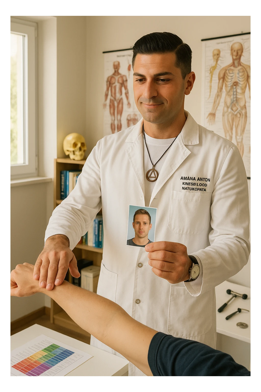 a middle-aged man, dressed in casual professional attire, is in a bright, organized therapy studio. Durante una visita di kinesiologia, il ragazzo tiene con una mano la foto di una persona lontana (il “testimone”) tiene la foto in mano, mentre con l’altra mano esegue un test muscolare su un cliente presente senza foto. Sullo sfondo si vedono libri di kinesiologia, poster anatomici e strumenti tipici della disciplina. L’atmosfera è concentrata e serena, con luce naturale che entra dalla finestra, sottolineando l’aspetto alternativo e umano della pratica. sticker