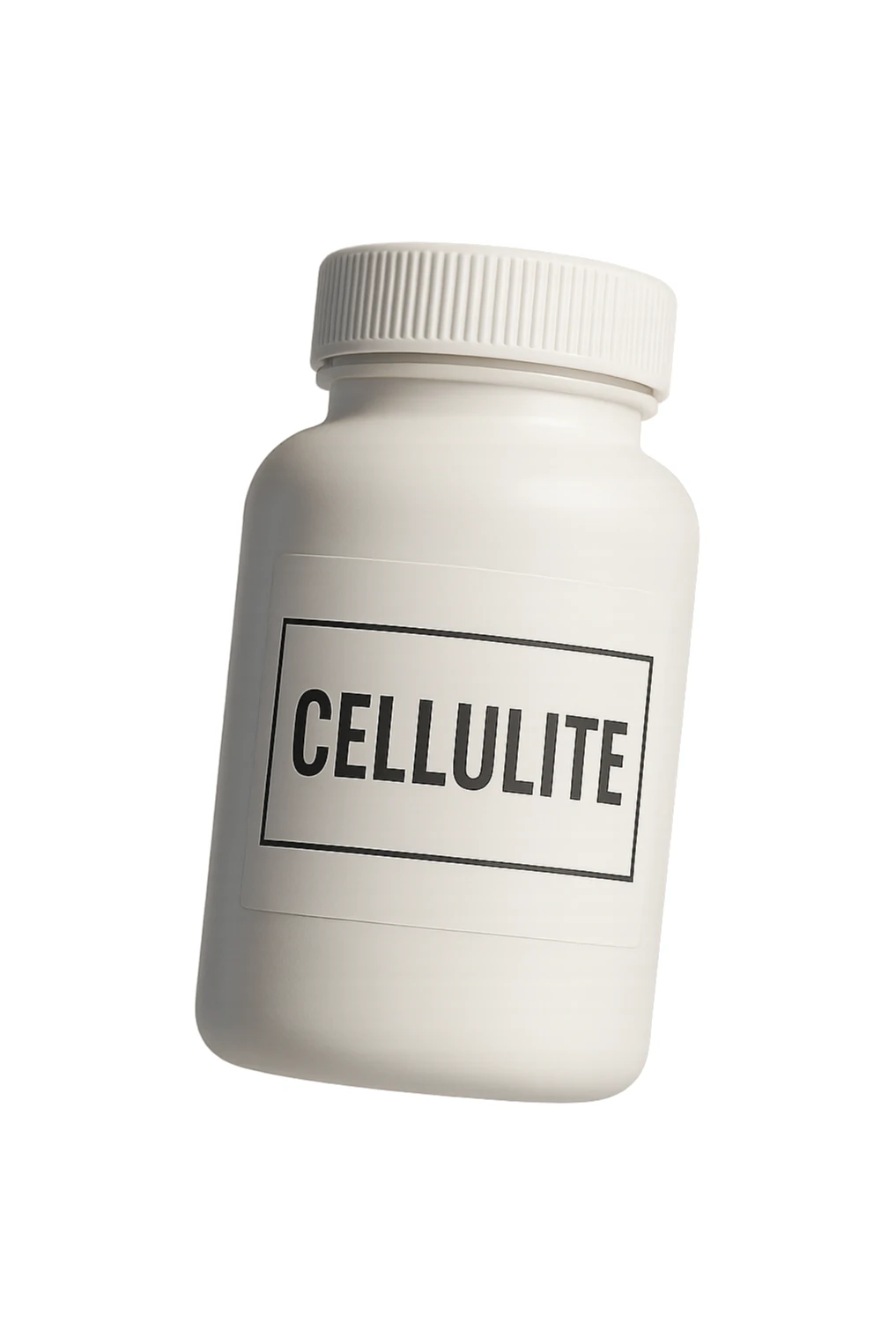 UNA BOCCETTA DI INTEGRATORE BIANCA CON LA SCRITTA "CELLULITE" SULL'ETICHETTA CHE FLUTTUA IN ARIA, IPERREALISTICA 4K sticker