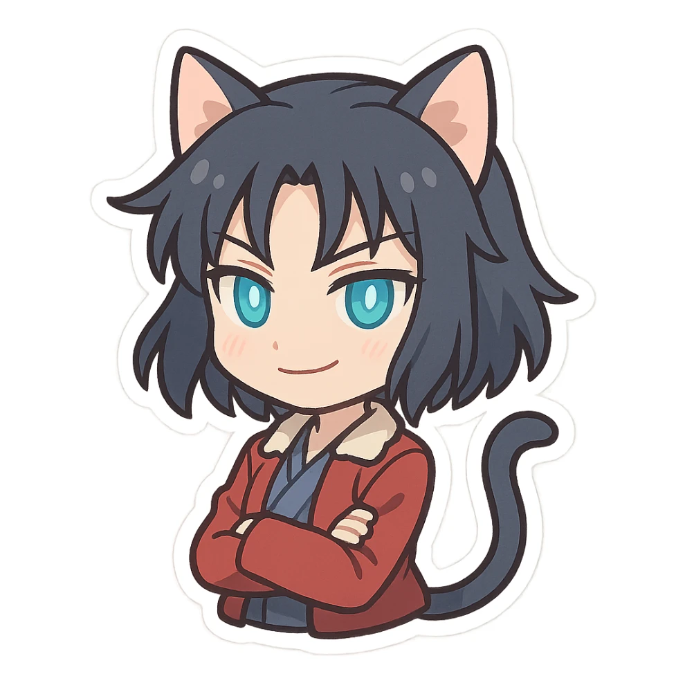 chibi Ryougi Shiki with cat ears and cat tail, magical eyes, smirking expression sticker