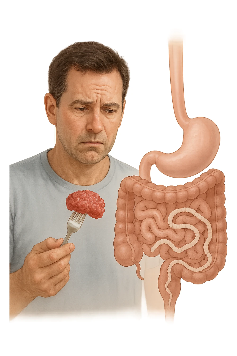 A realistic, high-quality medical illustration showing a concerned man in his early 40s holding a piece of raw beef tartare on a fork, looking at it with a worried expression. Behind him, a transparent overlay of his digestive system reveals the presence of Taenia saginata (beef tapeworm), depicted as a long, segmented white worm inside his intestines, symbolizing the infection. The environment is a kitchen with bright but neutral lighting, creating a serious educational tone. Subtle anatomical highlights and clean medical graphics convey the concept of parasite transmission through undercooked beef, emphasizing food safety and health awareness. sticker