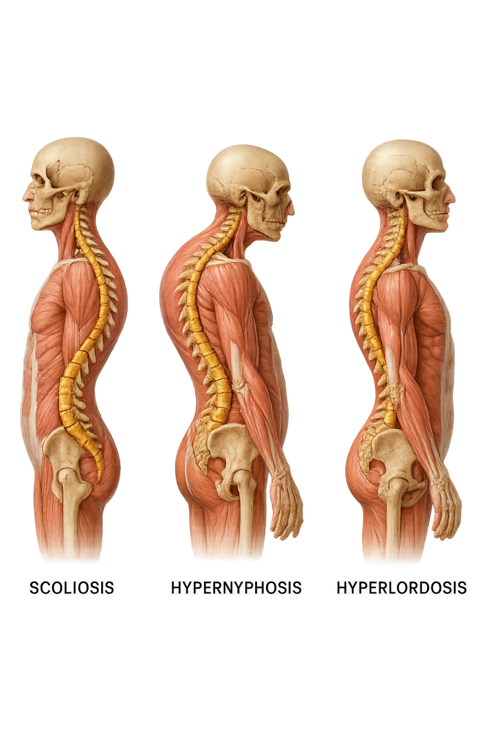 fai un immagine identica che riguarda 3 posture scorrette: scoliosi, ipercifosi e iperlordosi. falla iperrealistica anatomica in 4k con spina dorsale storta in evidenza su ogni figura sticker