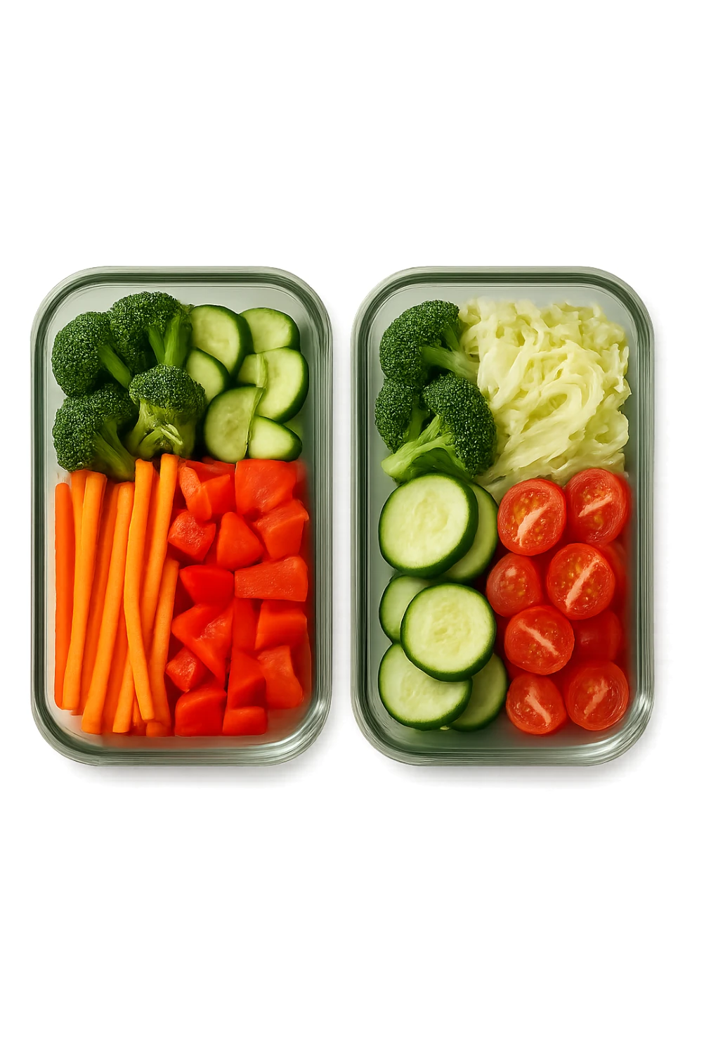 verdure tagliate e sistemate in due schiscette di vetro viste dall'alto, iperrealistico 4k sticker